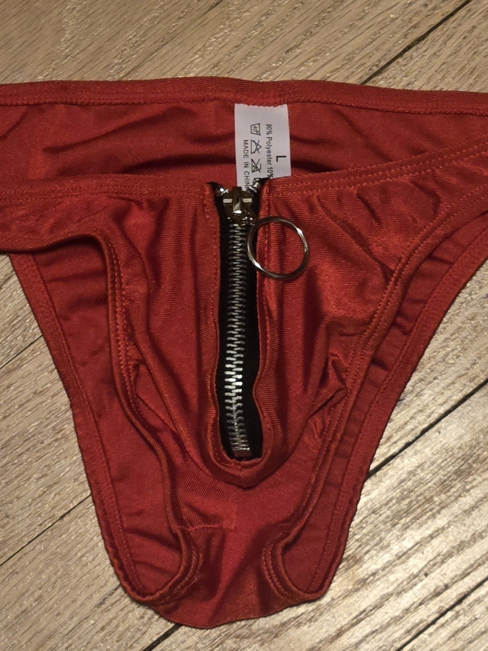 Mens Red Zip-Front Bikini Briefs with Ring Pull. Size Large